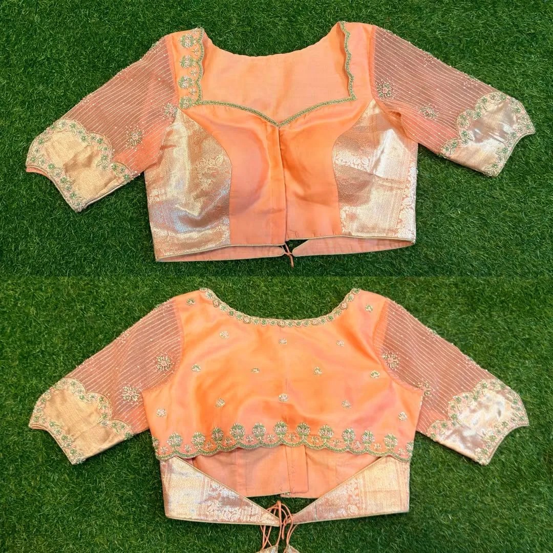 Peach Silk Maggam Blouse with Sheer Net Sleeves & Cutwork Hem