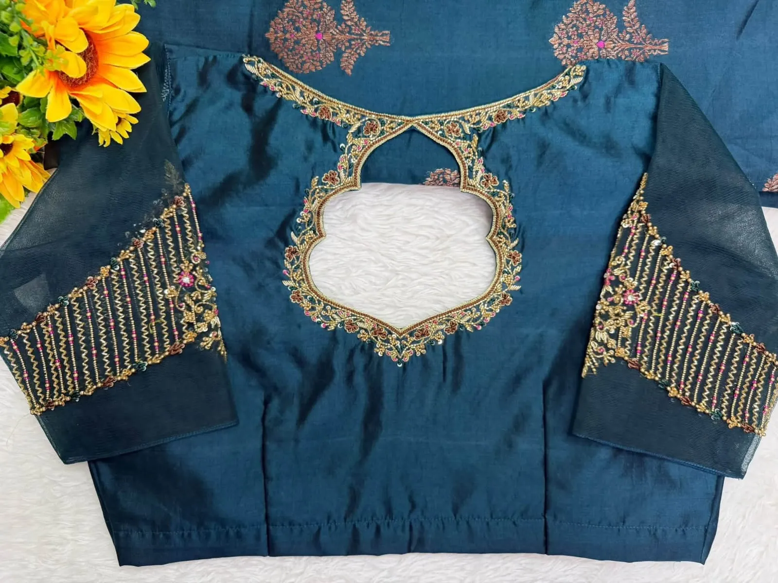 Peacock Blue Maggam Work Readymade Blouse