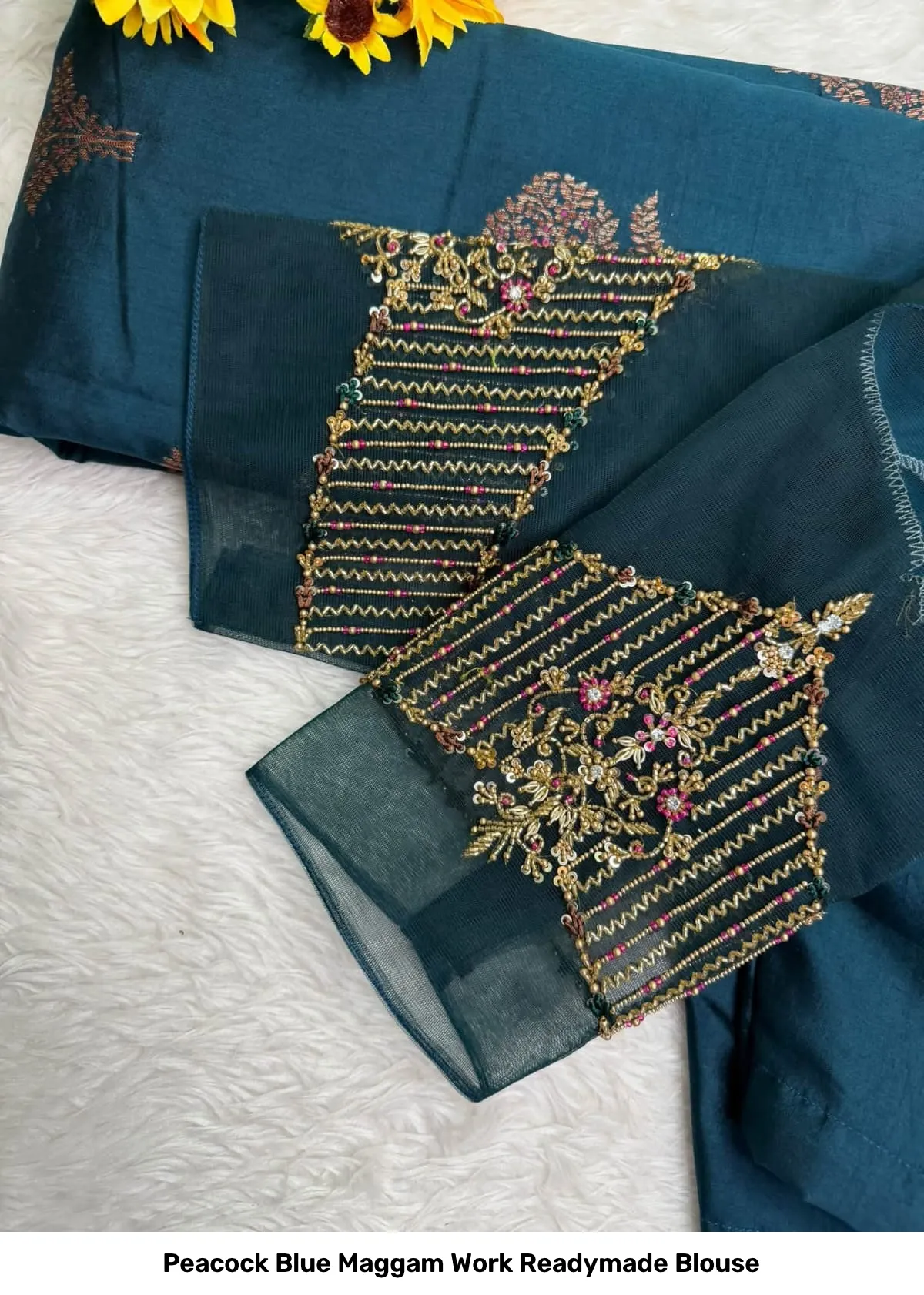 Peacock Blue Maggam Work Readymade Blouse 2