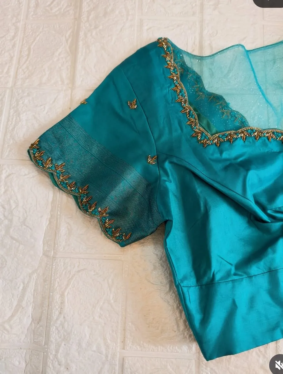Peacock Blue Net Neck Silk Blouse with Handcrafted Aari Beadwork