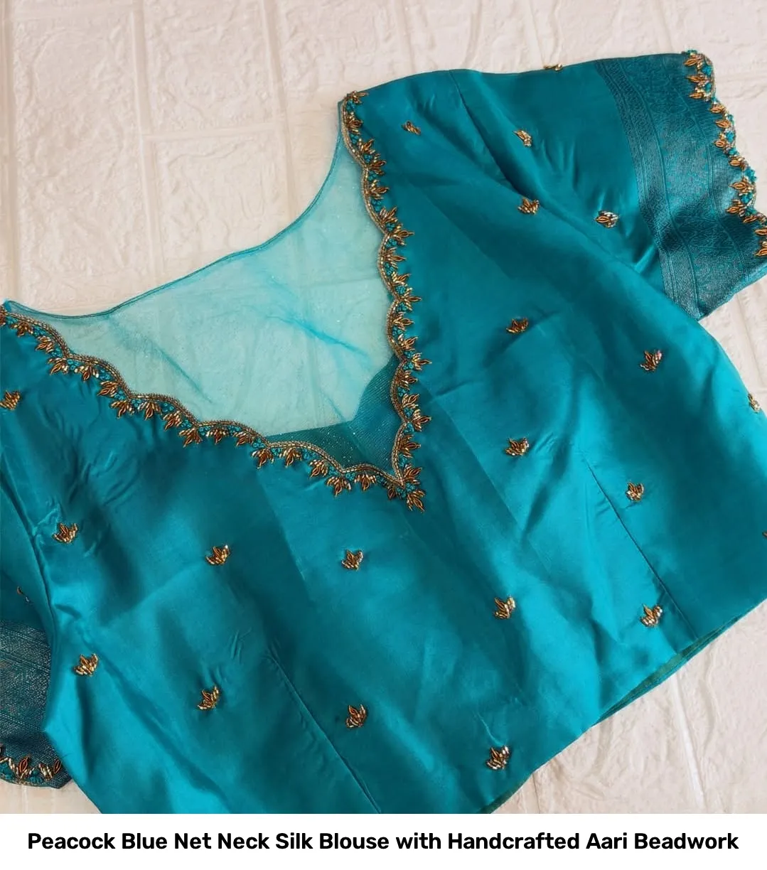 Peacock Blue Net Neck Silk Blouse with Handcrafted Aari Beadwork 2