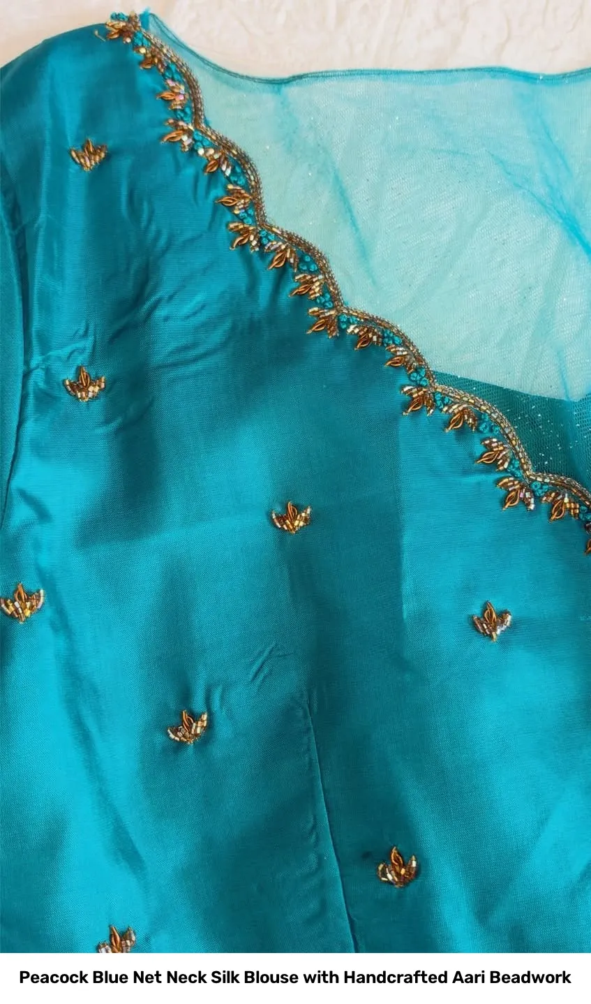 Peacock Blue Net Neck Silk Blouse with Handcrafted Aari Beadwork 3