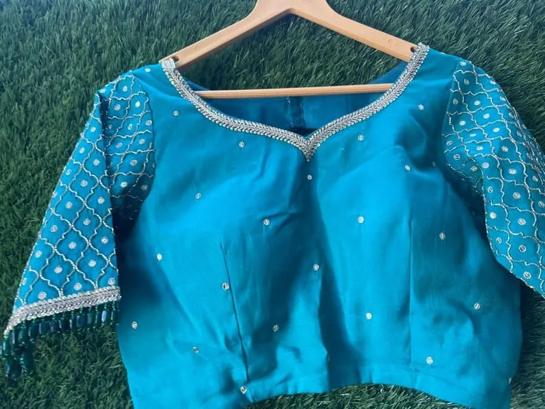 Peacock Blue Raw Silk Maggam Work Blouse | Jal Zari Jaal Sleeves & Beaded Latkan Designer Saree Blouse