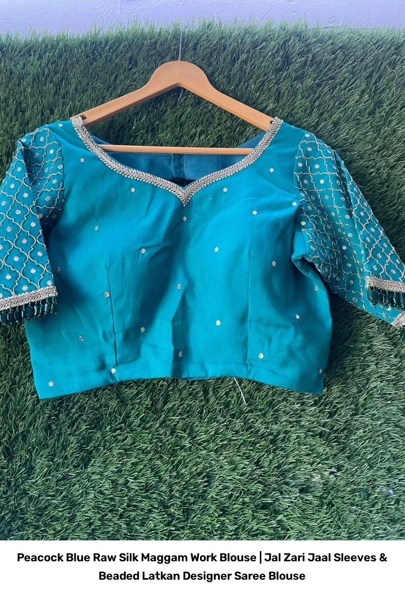 Peacock Blue Raw Silk Maggam Work Blouse | Jal Zari Jaal Sleeves & Beaded Latkan Designer Saree Blouse 5