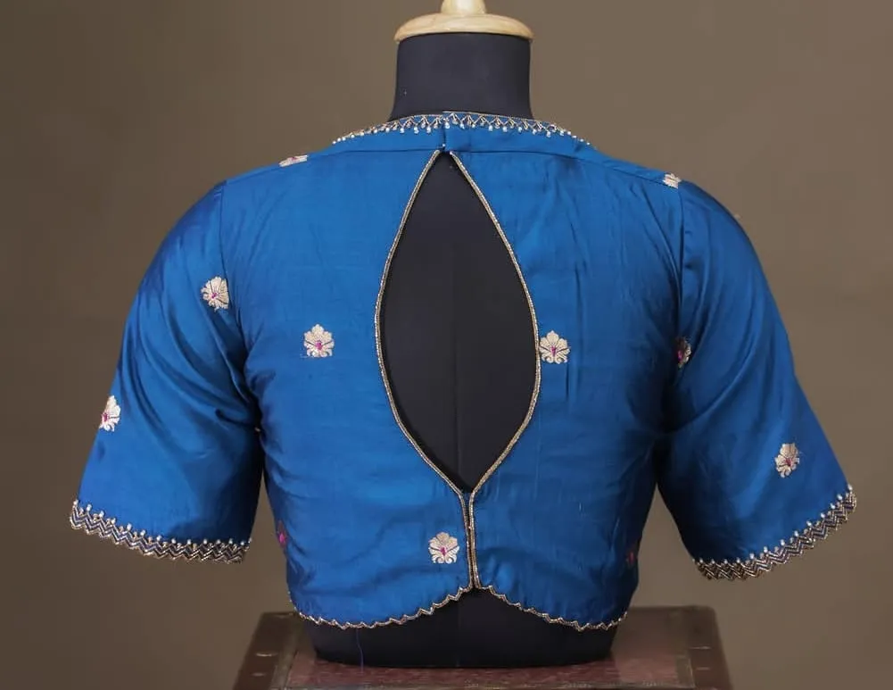Peacock Blue Silk Blouse Sweetheart Neck & Teardrop Back