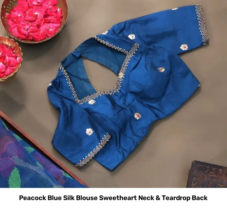 Peacock Blue Silk Blouse Sweetheart Neck & Teardrop Back 4