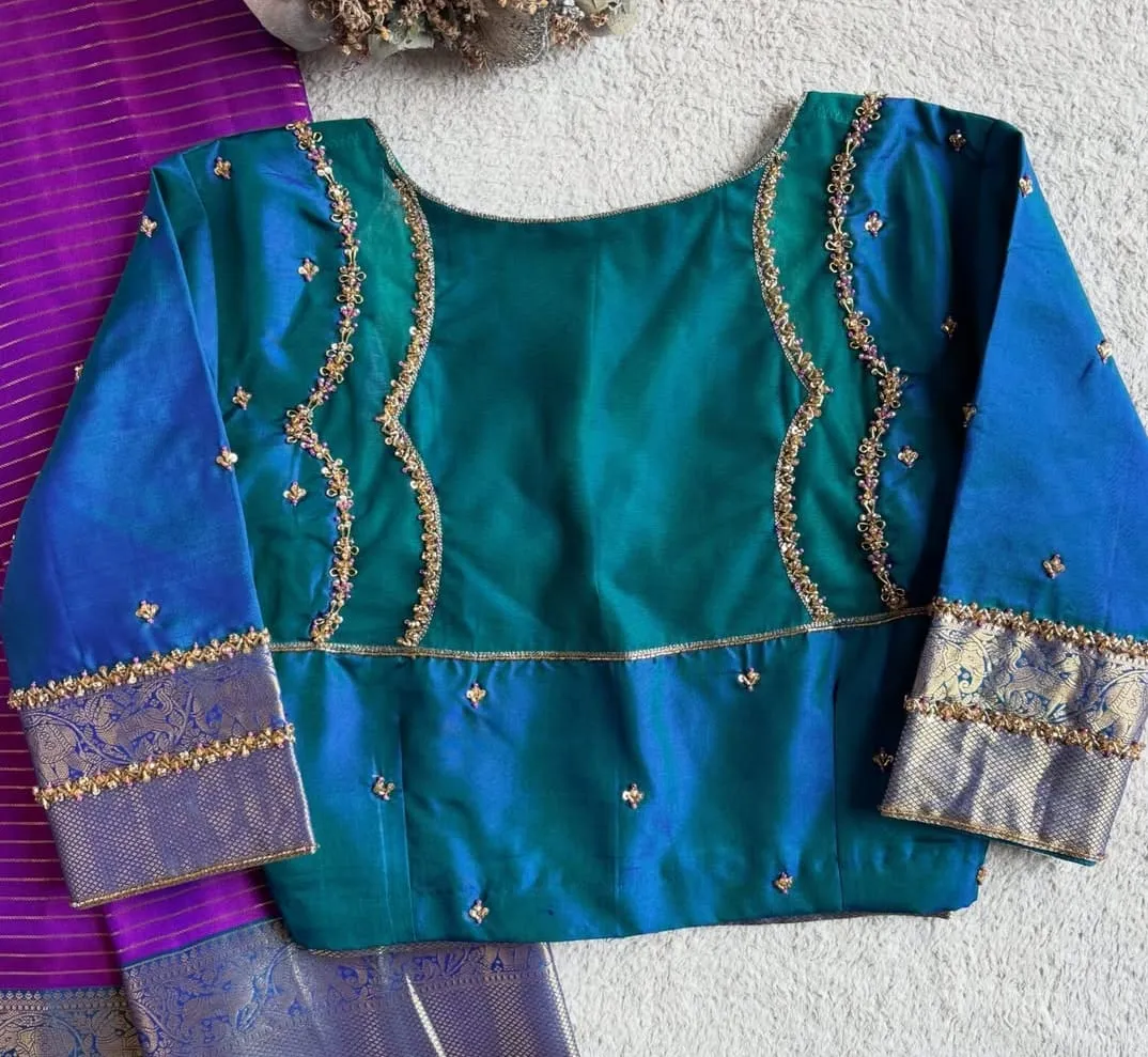 Peacock Blue Silk Saree Blouse | Handcrafted Zardozi Panel Blouse with Kanjivaram Zari Border Sleeves