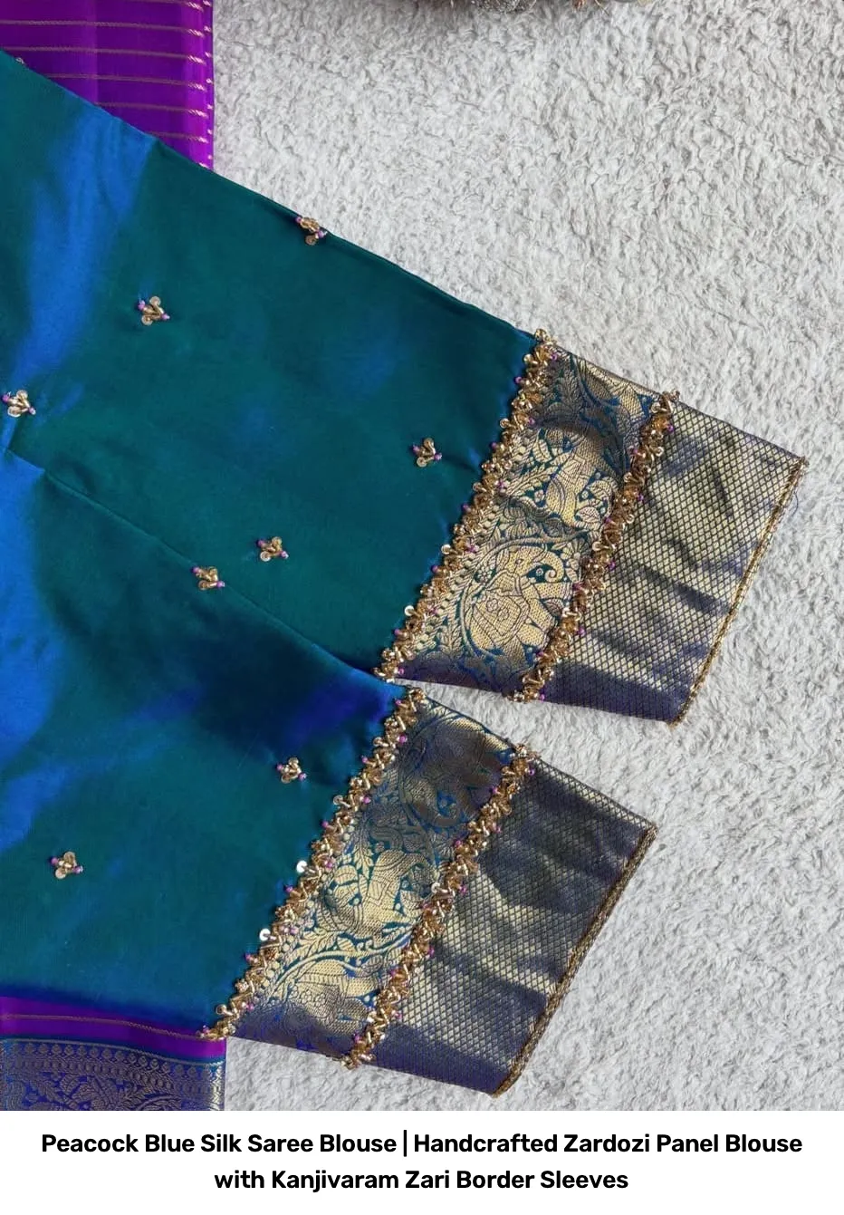 Peacock Blue Silk Saree Blouse | Handcrafted Zardozi Panel Blouse with Kanjivaram Zari Border Sleeves 2