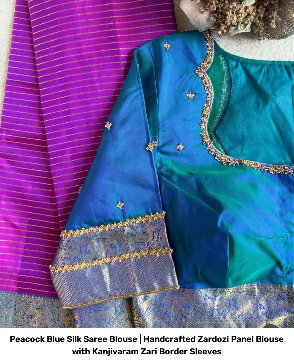 Peacock Blue Silk Saree Blouse | Handcrafted Zardozi Panel Blouse with Kanjivaram Zari Border Sleeves 4