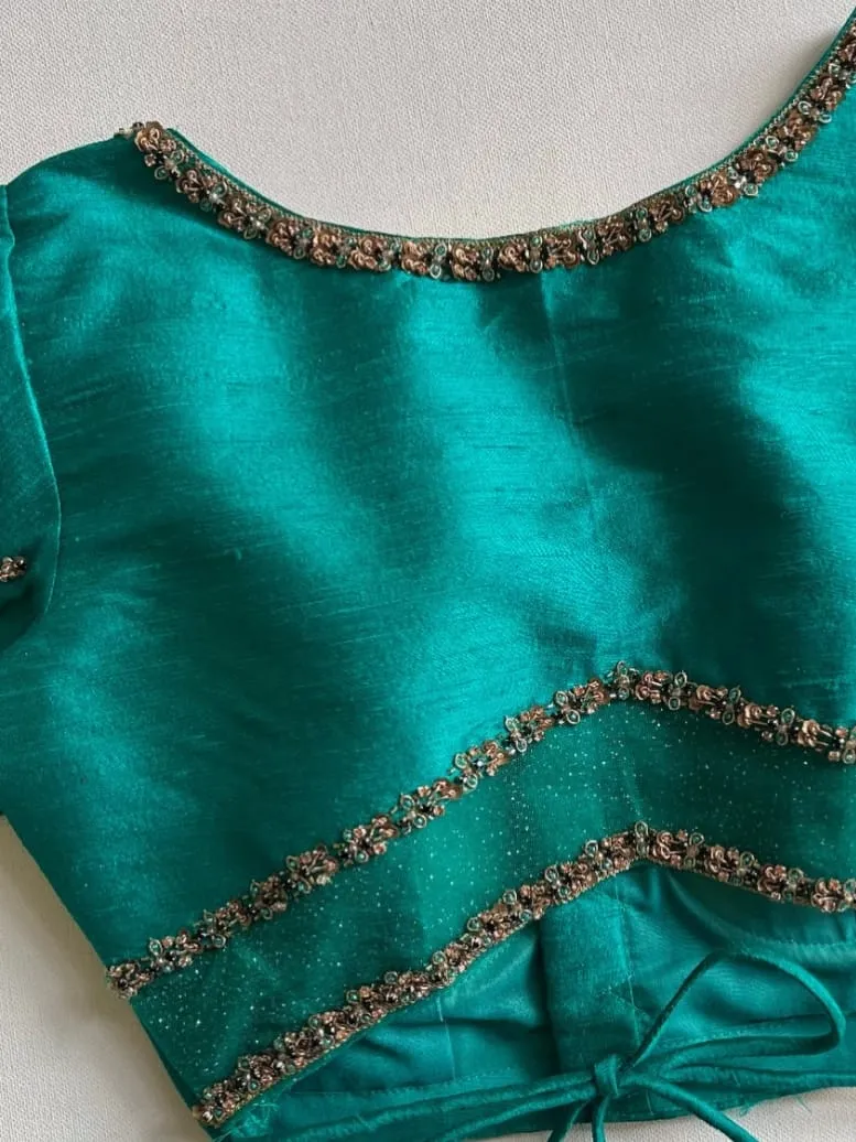 Peacock Green Raw Silk Maggam Work Blouse Wholesale | Tulip Cut Sleeve & Sheer Net Cutout Back Readymade Saree Blouse