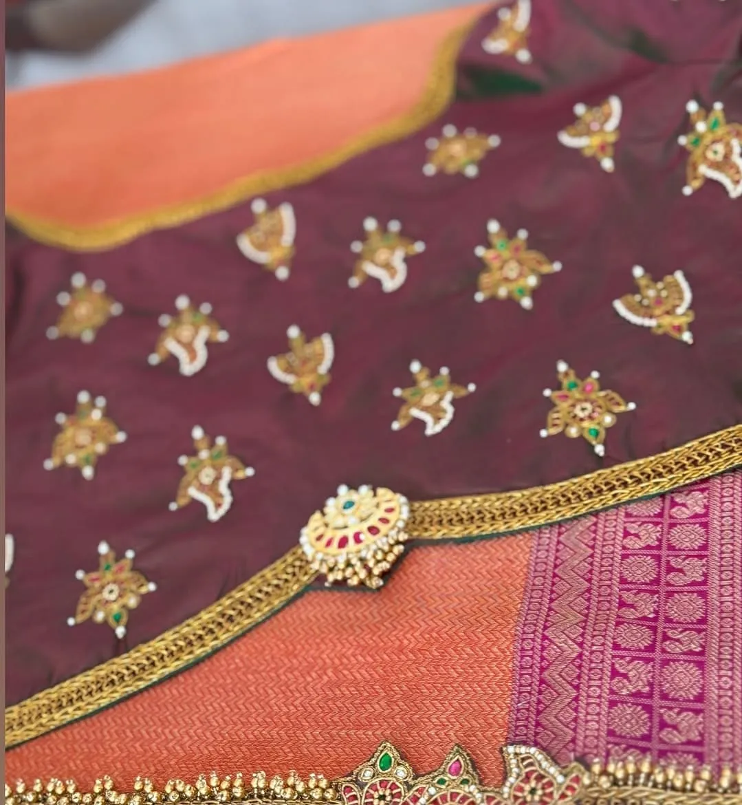 Peacock Temple Jewellery Aari Work Blouse | Kemp Stone Maggam Embroidery | Dual Tone Brown Green Silk Saree Blouse | Custom Bridal 1