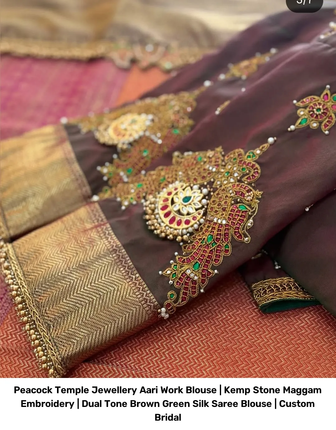 Peacock Temple Jewellery Aari Work Blouse | Kemp Stone Maggam Embroidery | Dual Tone Brown Green Silk Saree Blouse | Custom Bridal 3