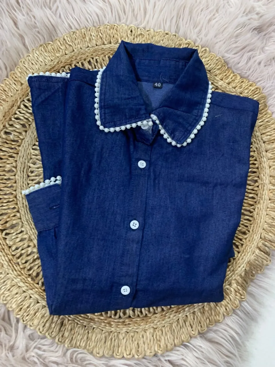 Pearl Lace Embellished Denim Co-Ord Set for Women – Button-Down Collar Shirt with Wide-Leg Palazzo Pants | Plus Size Denim 2-Piece Set (S to 5XL)