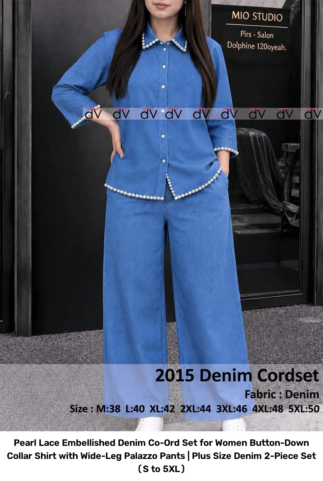 Pearl Lace Embellished Denim Co-Ord Set for Women – Button-Down Collar Shirt with Wide-Leg Palazzo Pants | Plus Size Denim 2-Piece Set (S to 5XL) 2