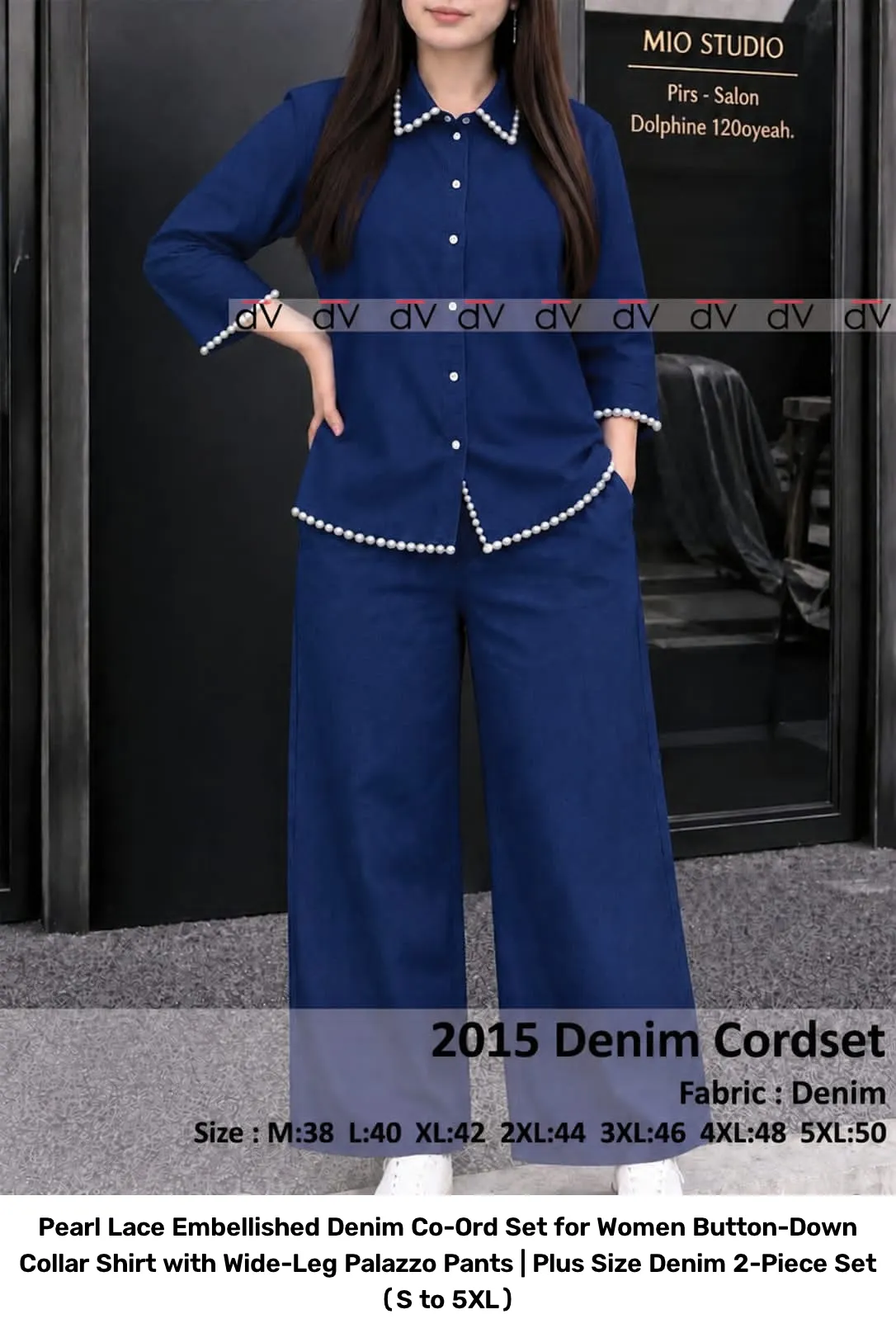 Pearl Lace Embellished Denim Co-Ord Set for Women – Button-Down Collar Shirt with Wide-Leg Palazzo Pants | Plus Size Denim 2-Piece Set (S to 5XL) 3