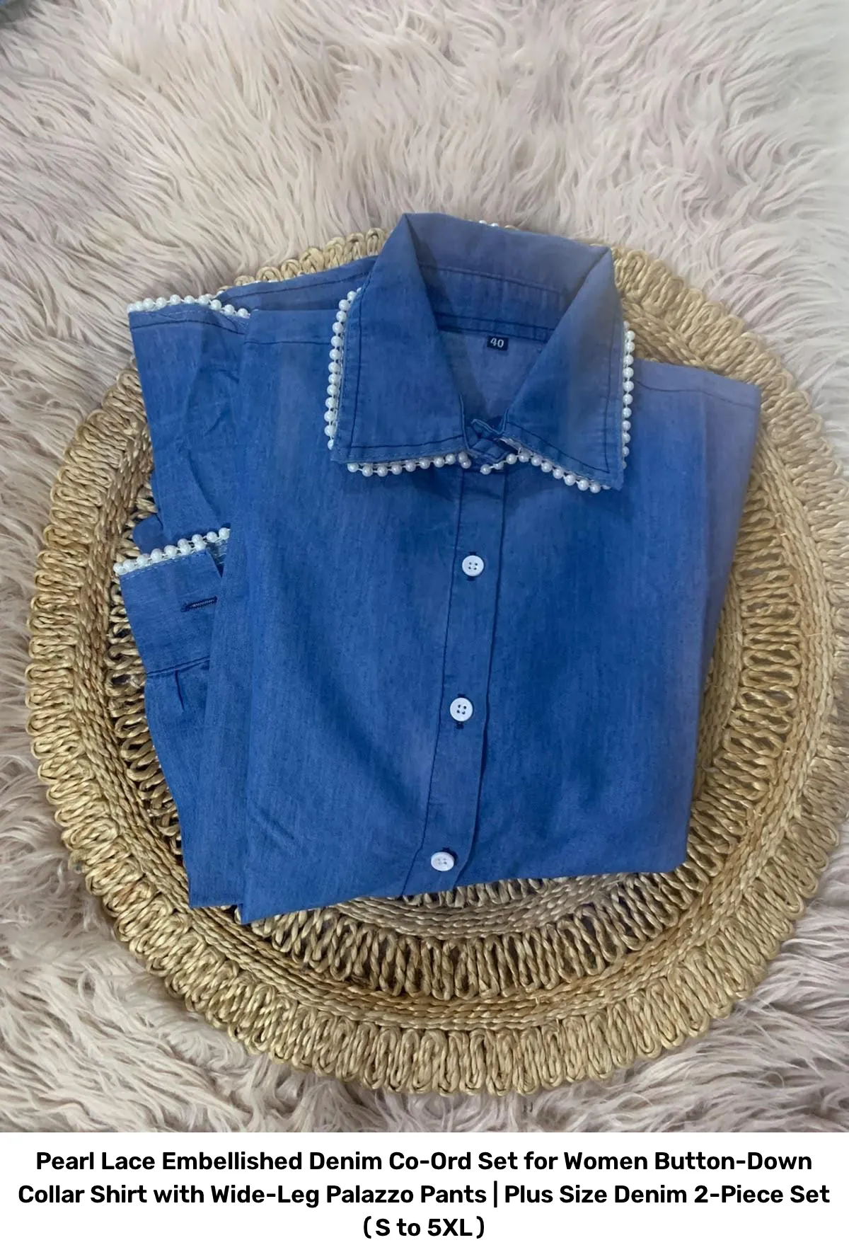 Pearl Lace Embellished Denim Co-Ord Set for Women – Button-Down Collar Shirt with Wide-Leg Palazzo Pants | Plus Size Denim 2-Piece Set (S to 5XL) 4