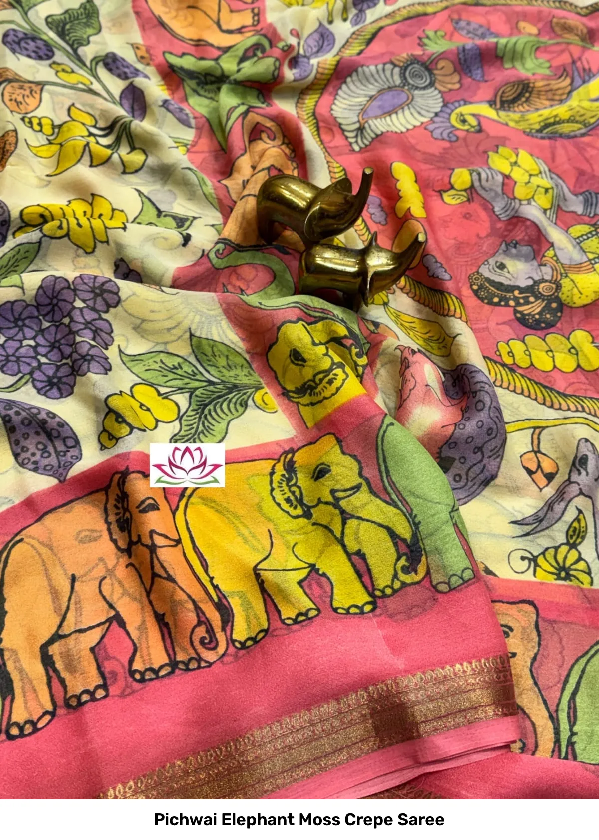Pichwai Elephant Moss Crepe Saree 3
