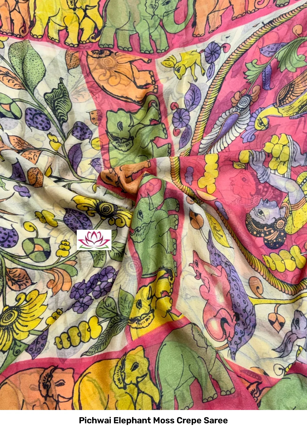 Pichwai Elephant Moss Crepe Saree 4