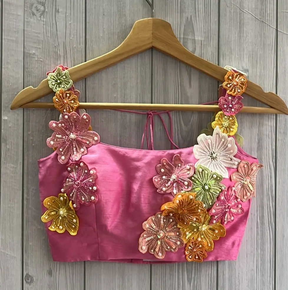 Pink 3D Floral Applique Sequin Strap Sleeveless Blouse