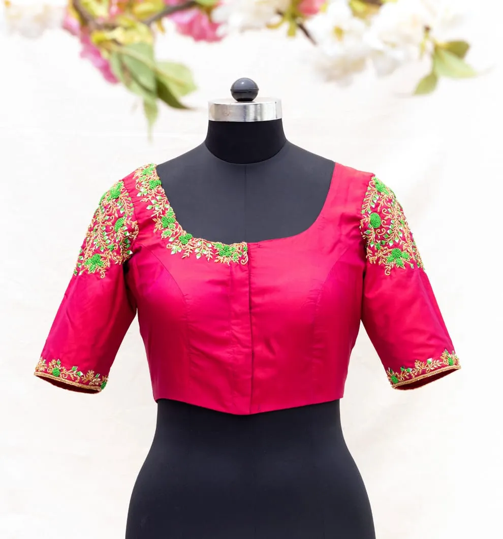 Pink & Green Embroidered Maggam Blouse 1