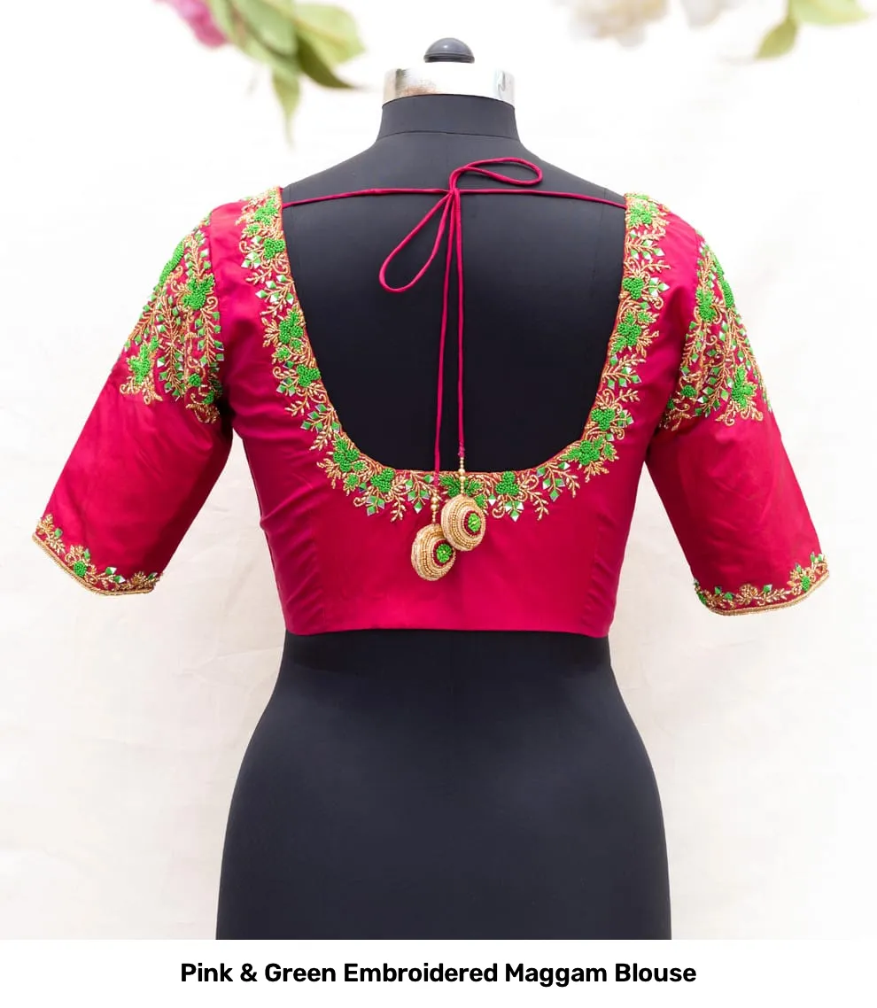 Pink & Green Embroidered Maggam Blouse 2