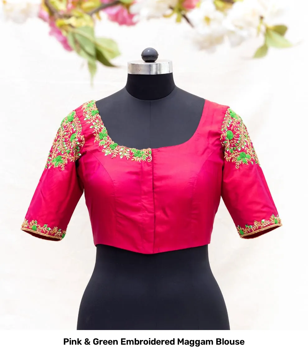 Pink & Green Embroidered Maggam Blouse 3