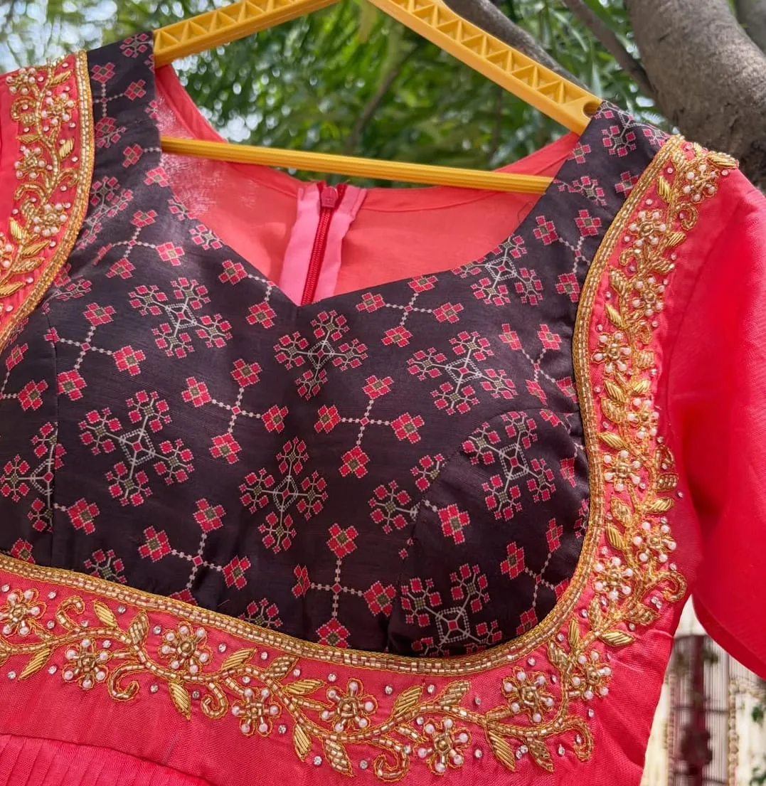 Pink Hand-Embroidered Yoke Silk Anarkali Gown