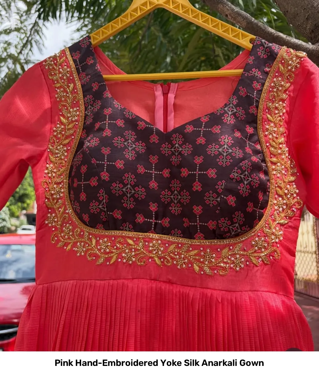 Pink Hand-Embroidered Yoke Silk Anarkali Gown 3