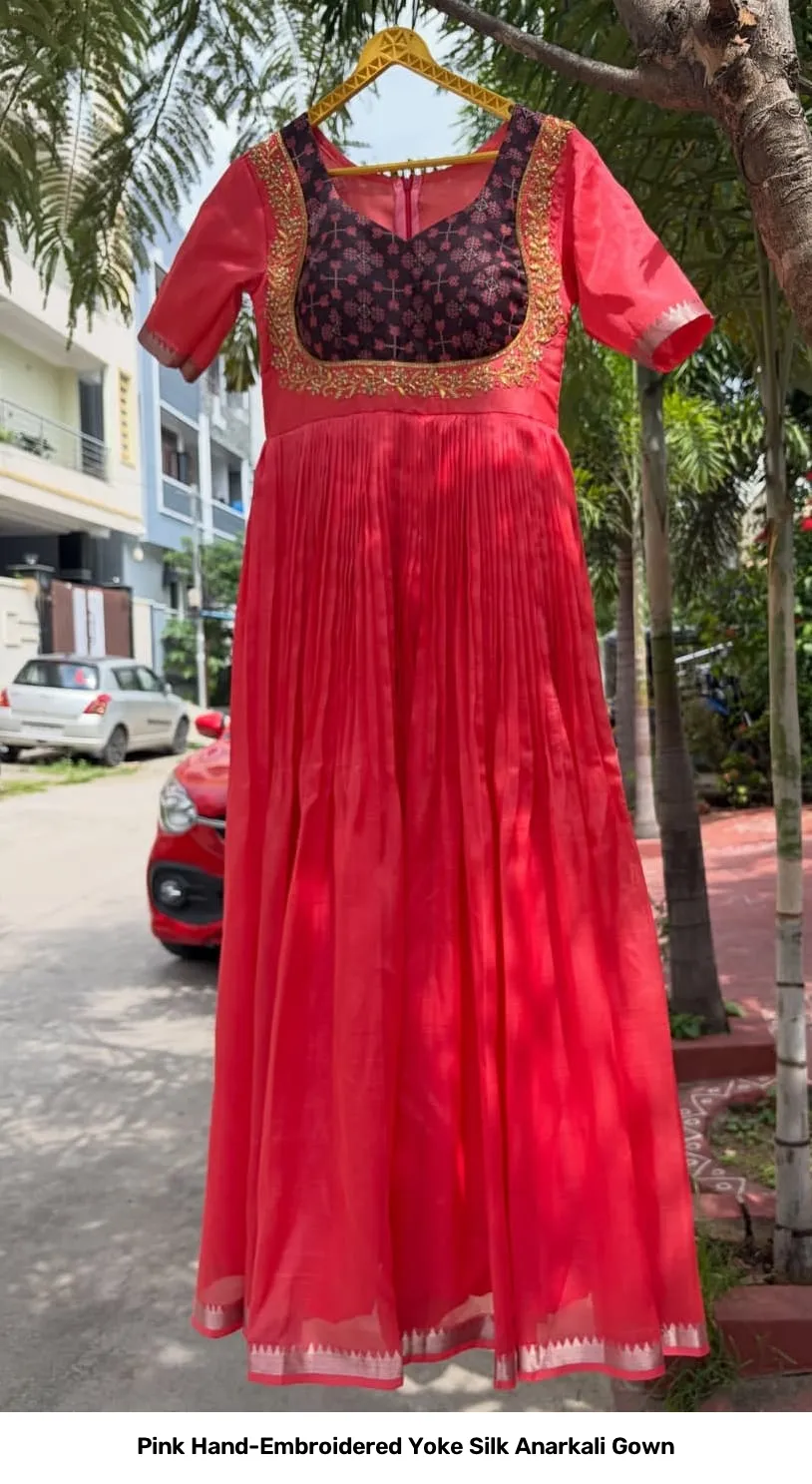 Pink Hand-Embroidered Yoke Silk Anarkali Gown 4