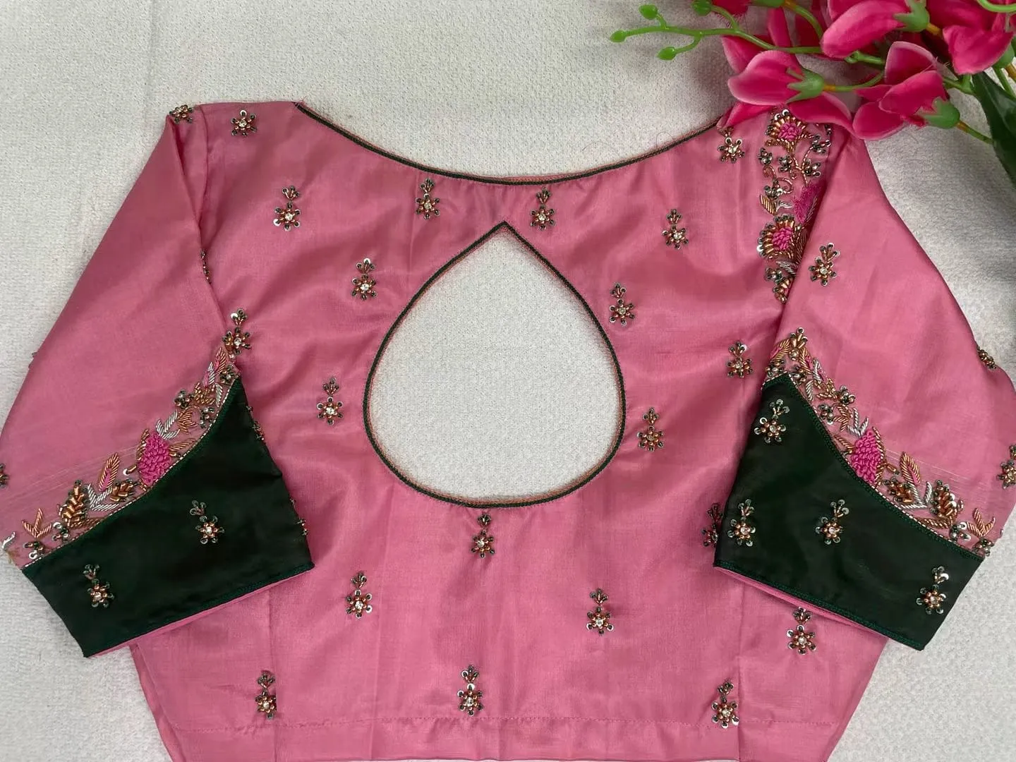 Pink Maggam Work Blouse – Handcrafted Silk Saree Blouse