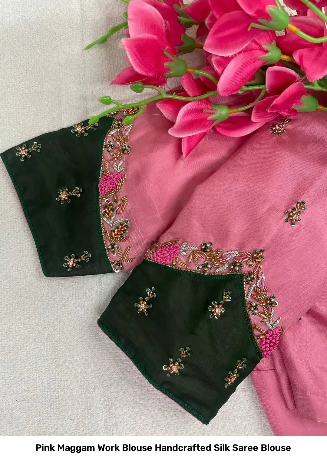 Pink Maggam Work Blouse – Handcrafted Silk Saree Blouse 2
