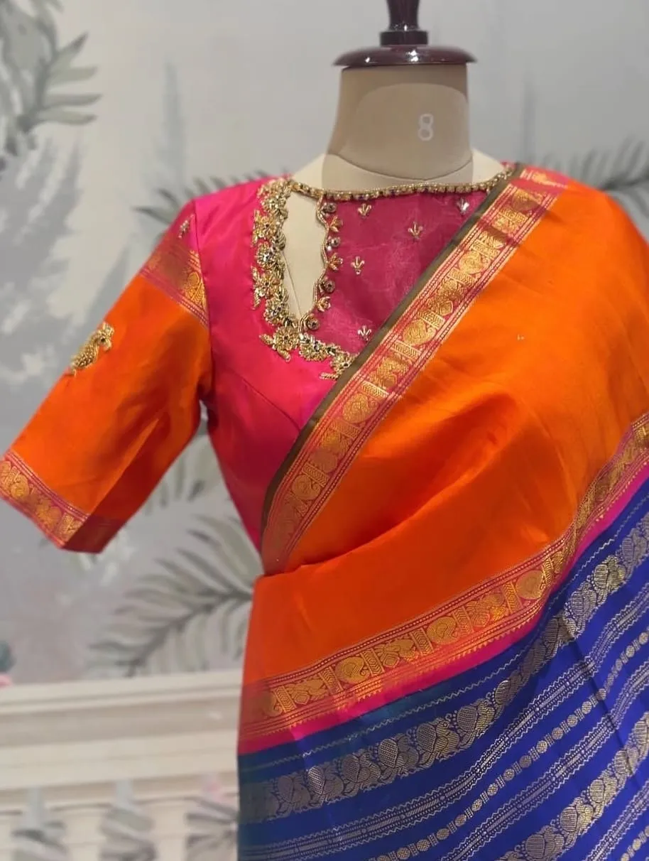 Pink Orange Contrast Sleeve Blouse | Gold Zardozi Peacock Hand Embroidery | Keyhole Neck & Back Design | Kanchipuram Silk Saree Blouse | Custom Stitched