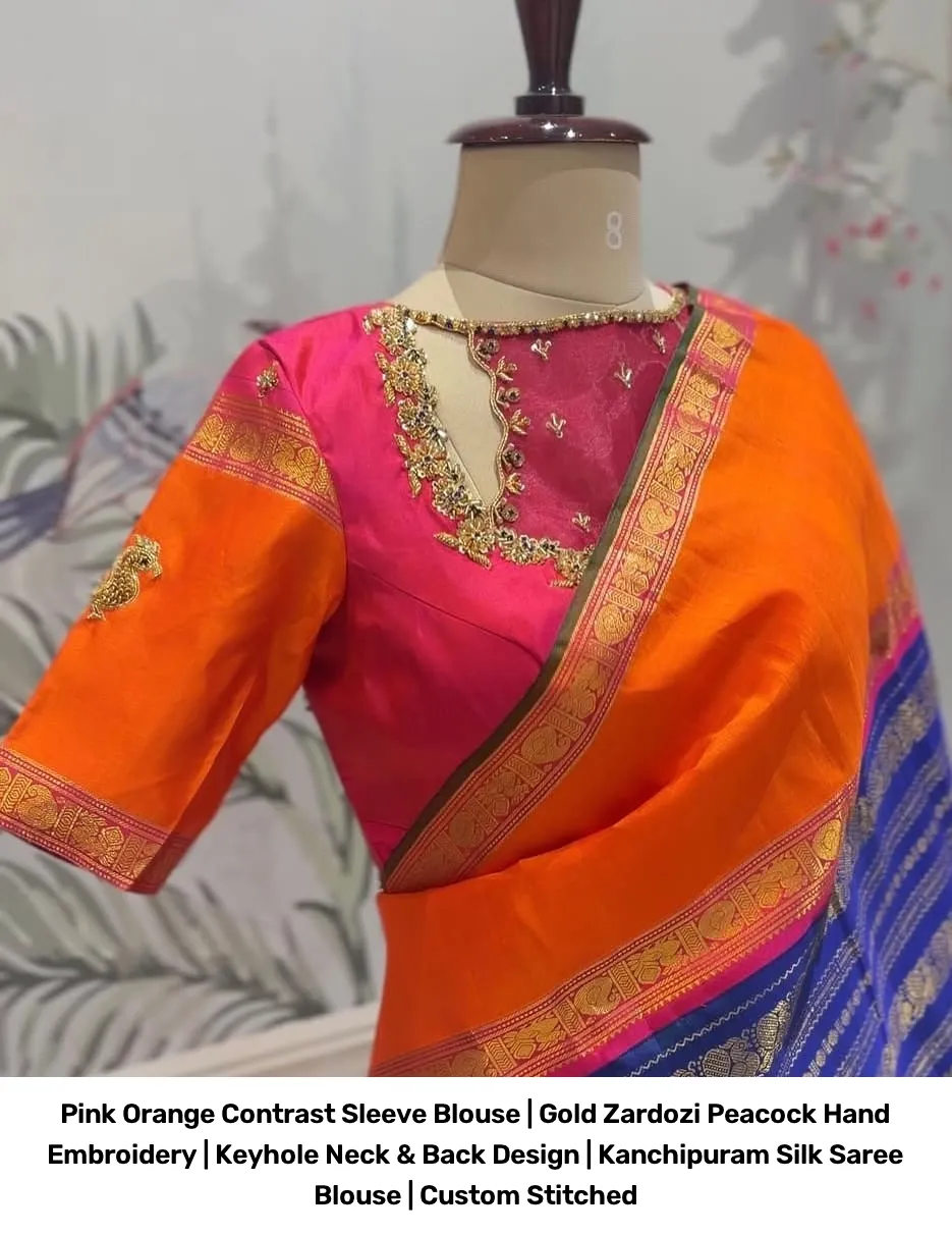 Pink Orange Contrast Sleeve Blouse | Gold Zardozi Peacock Hand Embroidery | Keyhole Neck & Back Design | Kanchipuram Silk Saree Blouse | Custom Stitched 3