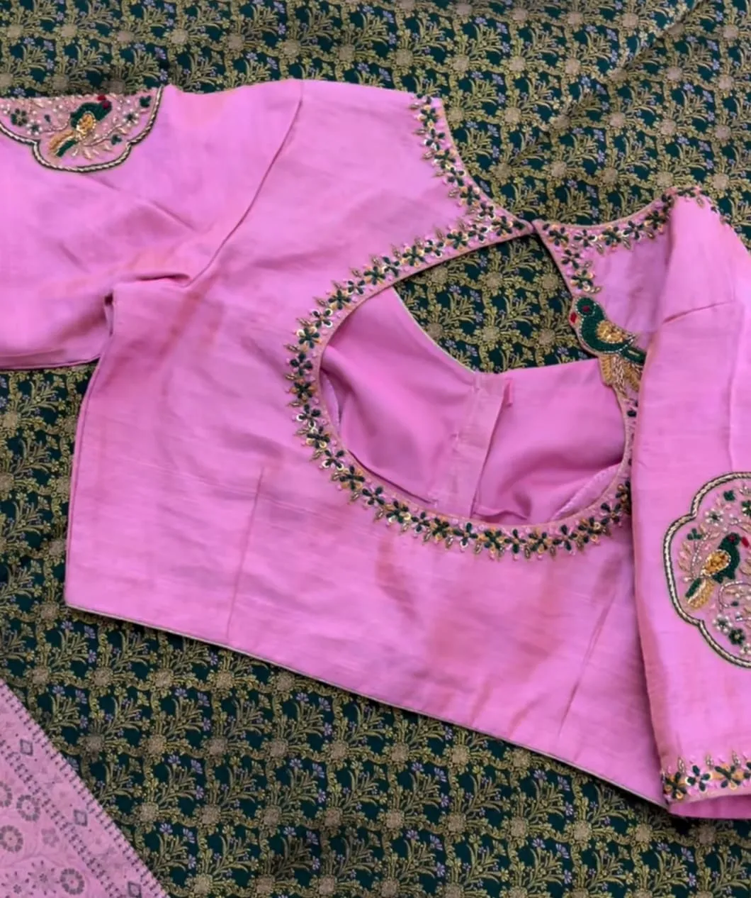Pink Peacock Aari Work Blouse