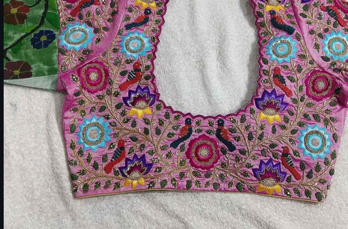 Pink Silk Maggam Blouse Paithani Cutwork Sleeve & Birds