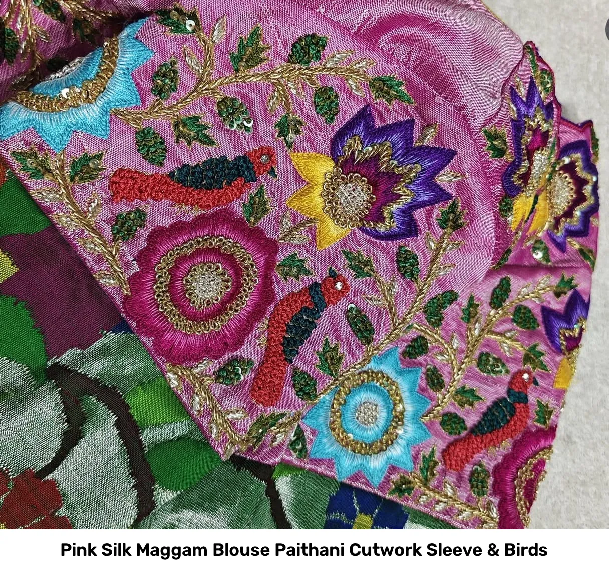 Pink Silk Maggam Blouse Paithani Cutwork Sleeve & Birds 2