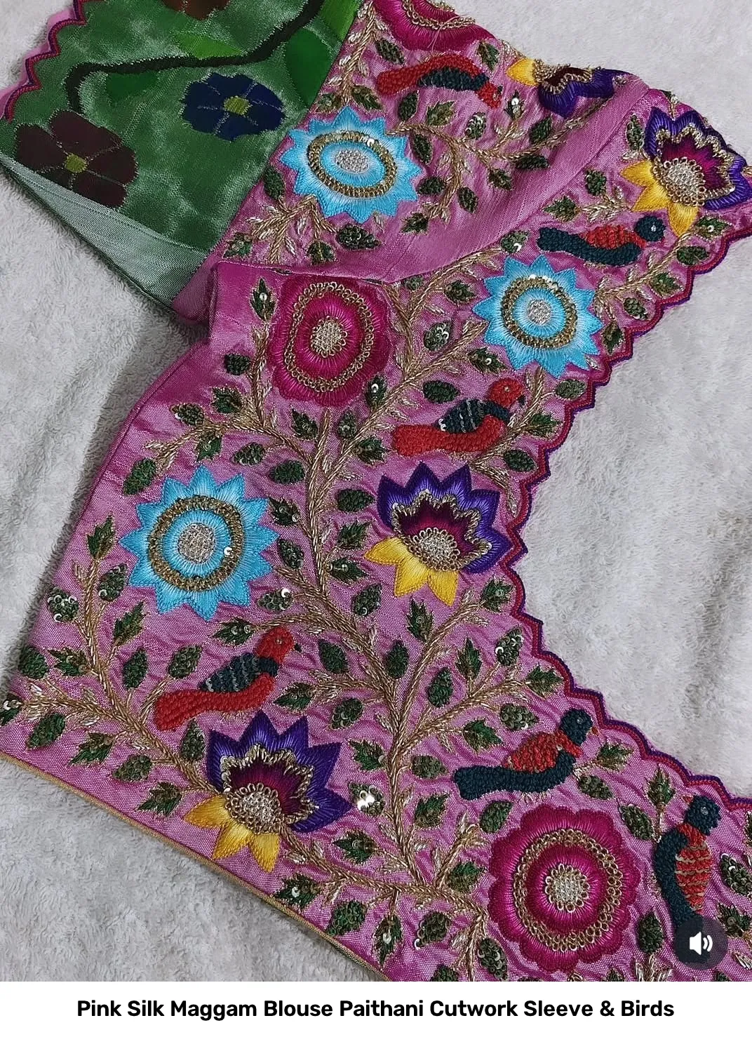 Pink Silk Maggam Blouse Paithani Cutwork Sleeve & Birds 3