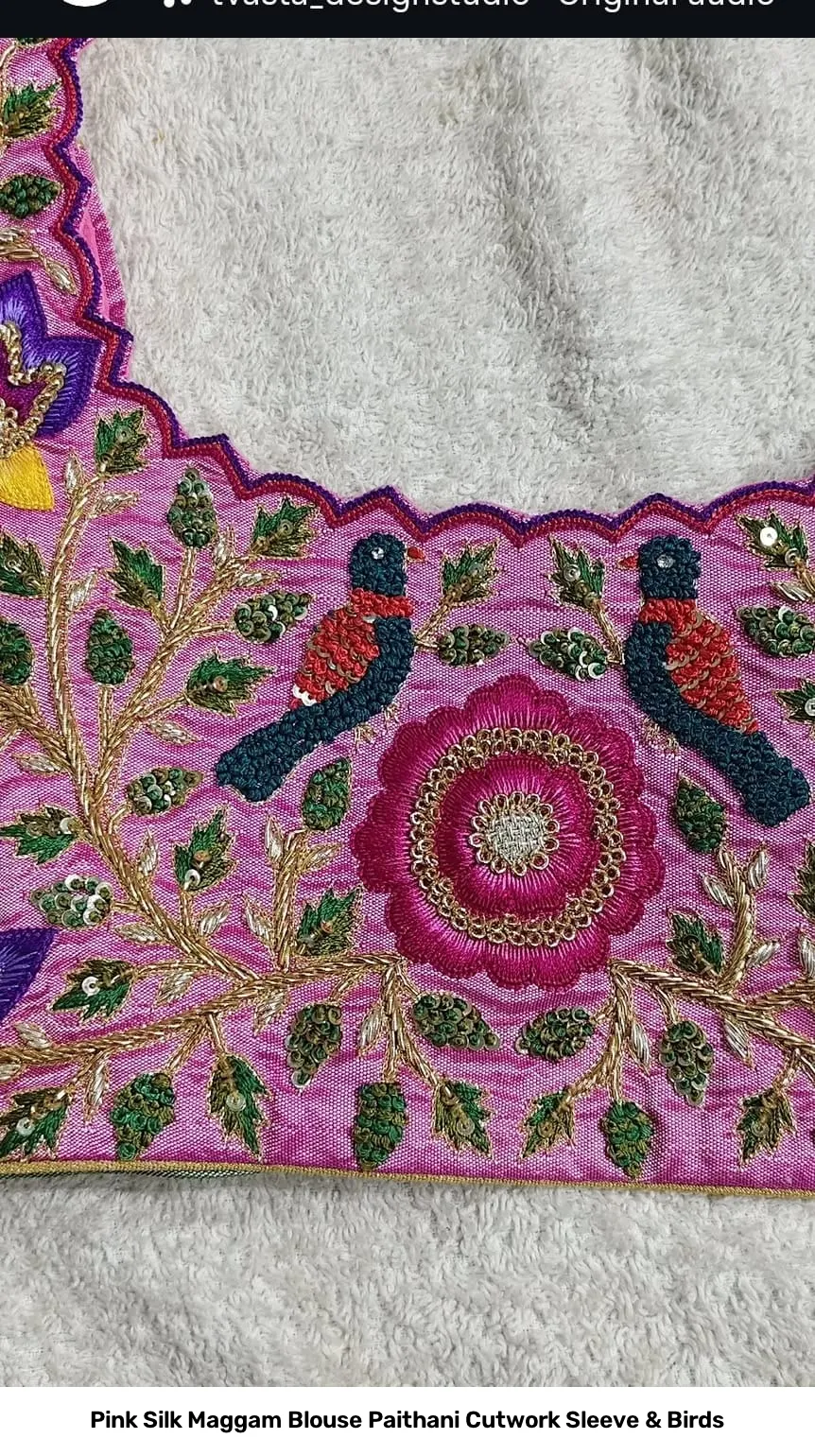 Pink Silk Maggam Blouse Paithani Cutwork Sleeve & Birds 4