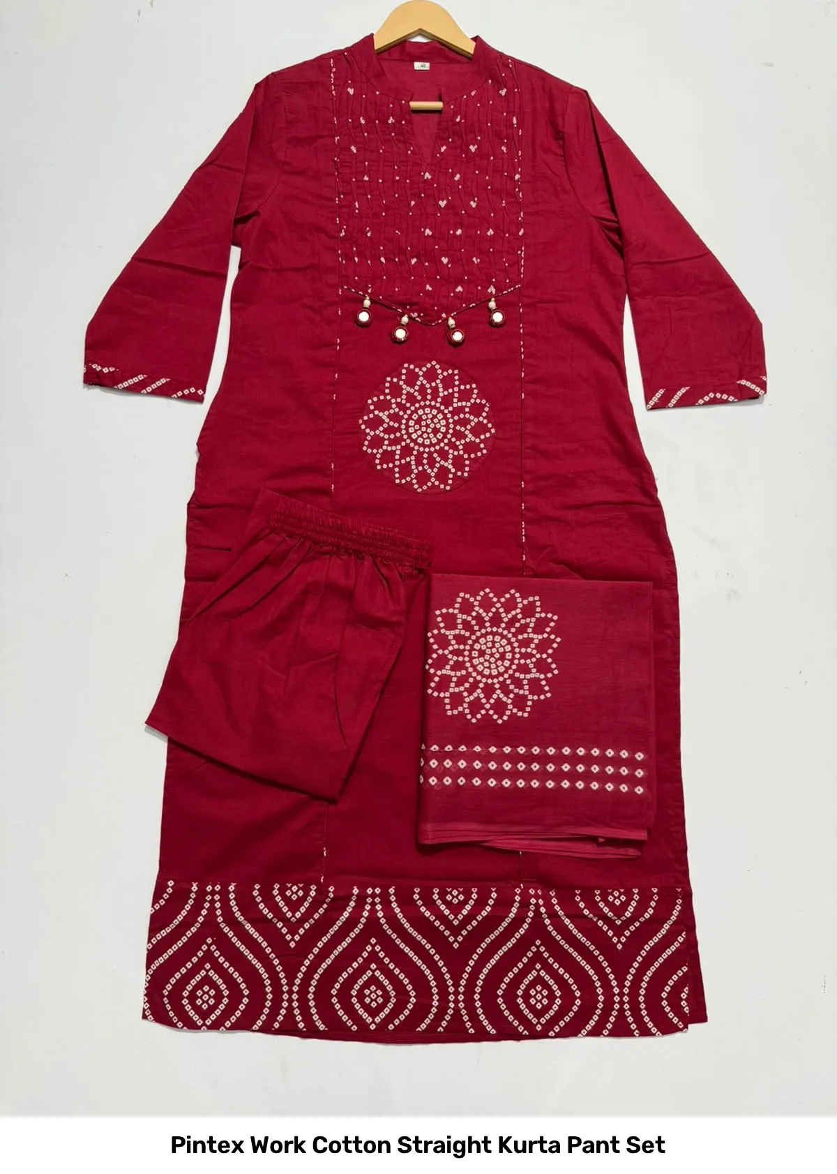 Pintex Work Cotton Straight Kurta Pant Set 11