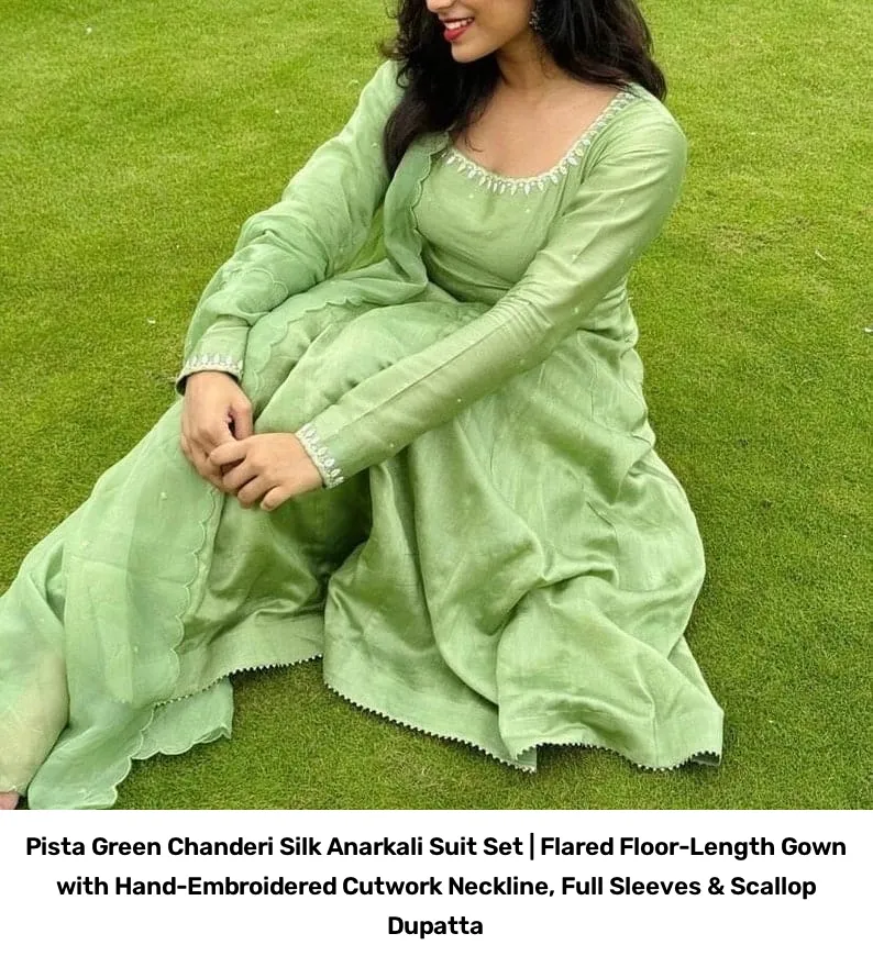 Pista Green Chanderi Silk Anarkali Suit Set | Flared Floor-Length Gown with Hand-Embroidered Cutwork Neckline, Full Sleeves & Scallop Dupatta 2