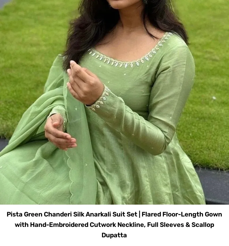 Pista Green Chanderi Silk Anarkali Suit Set | Flared Floor-Length Gown with Hand-Embroidered Cutwork Neckline, Full Sleeves & Scallop Dupatta 3