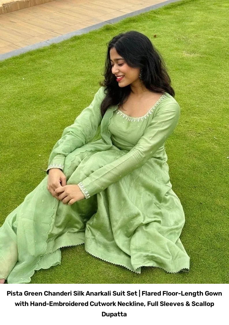 Pista Green Chanderi Silk Anarkali Suit Set | Flared Floor-Length Gown with Hand-Embroidered Cutwork Neckline, Full Sleeves & Scallop Dupatta 4