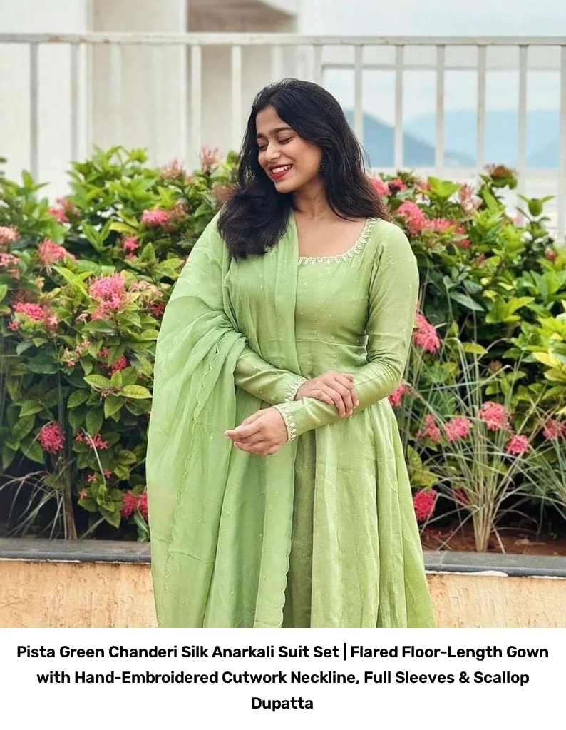 Pista Green Chanderi Silk Anarkali Suit Set | Flared Floor-Length Gown with Hand-Embroidered Cutwork Neckline, Full Sleeves & Scallop Dupatta 5