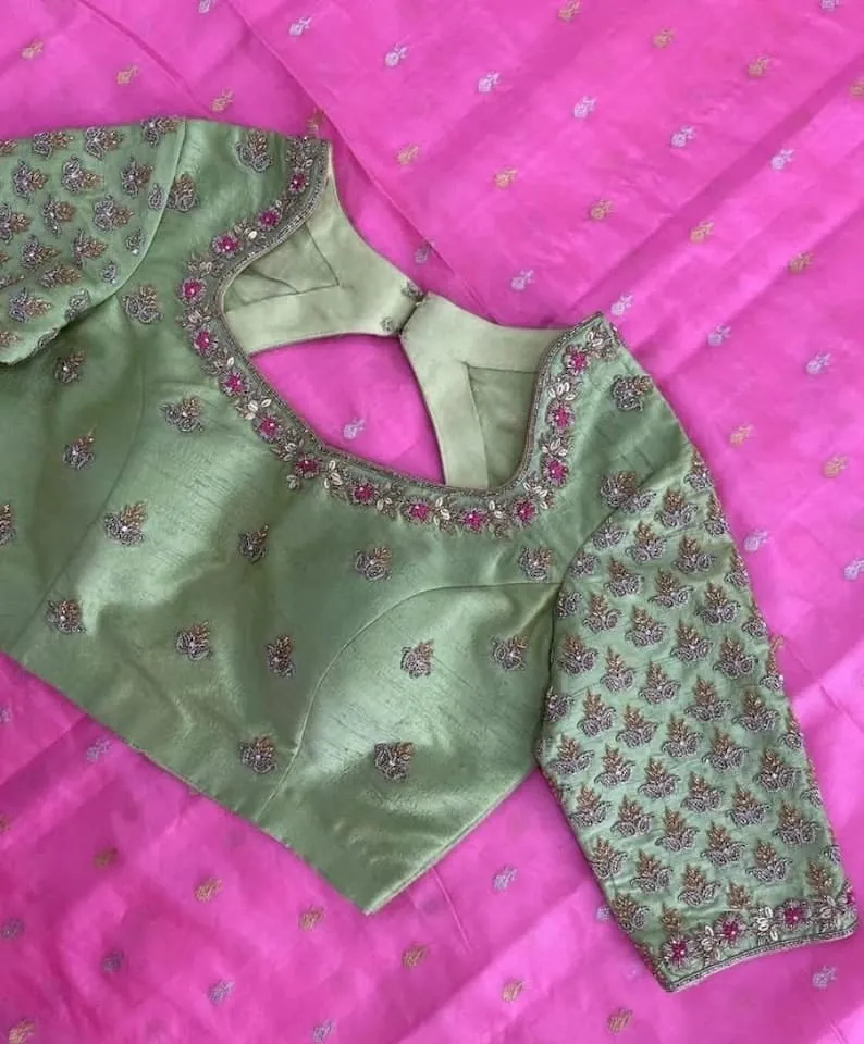 Pista Green Raw Silk Maggam Work Blouse | Pink Floral Border & Diamond Back Cutout Saree Blouse