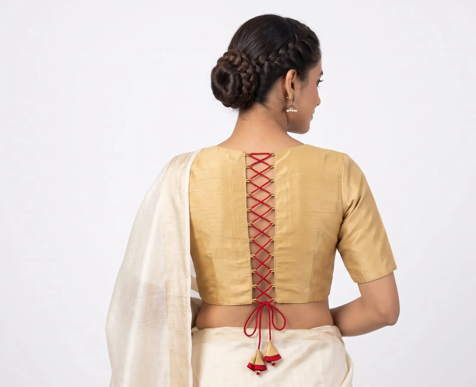 Plain Gold Silk Blouse with Criss Cross Back Dori & Sweetheart Neck