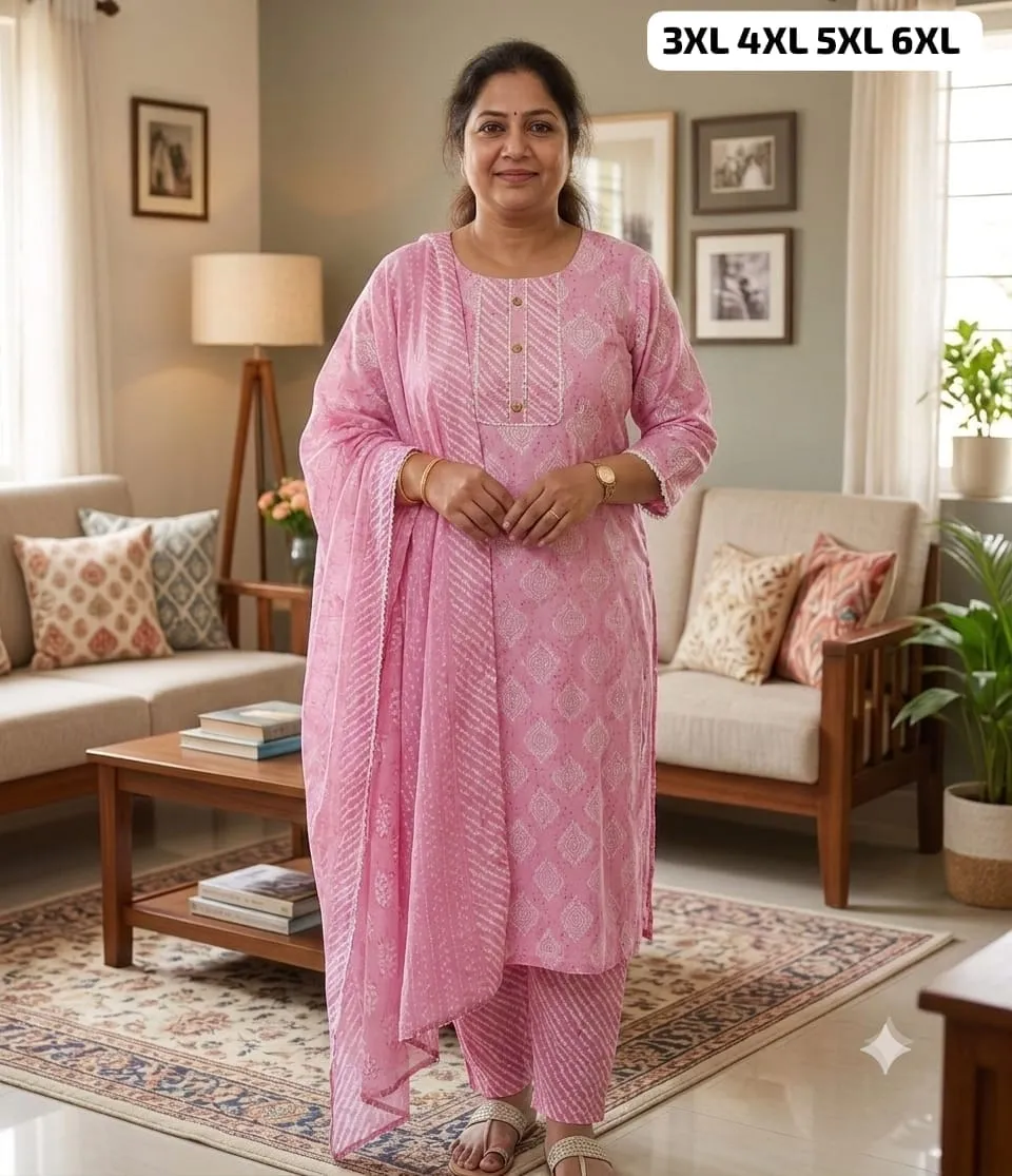 Plus Size Pure Cotton Kurta Pant with Dupatta Set (3XL to 6XL) | Women's Printed 3-Piece Daily & Office Wear Suit Set
