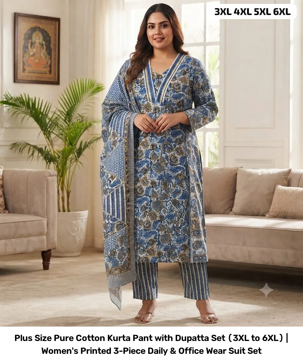 Plus Size Pure Cotton Kurta Pant with Dupatta Set (3XL to 6XL) | Women's Printed 3-Piece Daily & Office Wear Suit Set 10