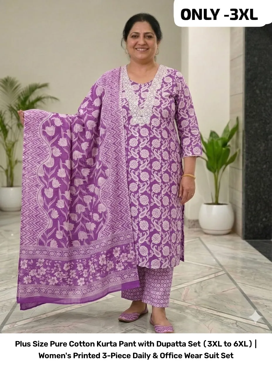 Plus Size Pure Cotton Kurta Pant with Dupatta Set (3XL to 6XL) | Women's Printed 3-Piece Daily & Office Wear Suit Set 11
