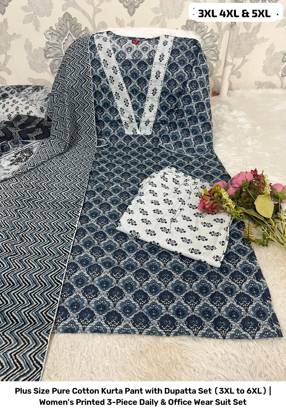 Plus Size Pure Cotton Kurta Pant with Dupatta Set (3XL to 6XL) | Women's Printed 3-Piece Daily & Office Wear Suit Set 12