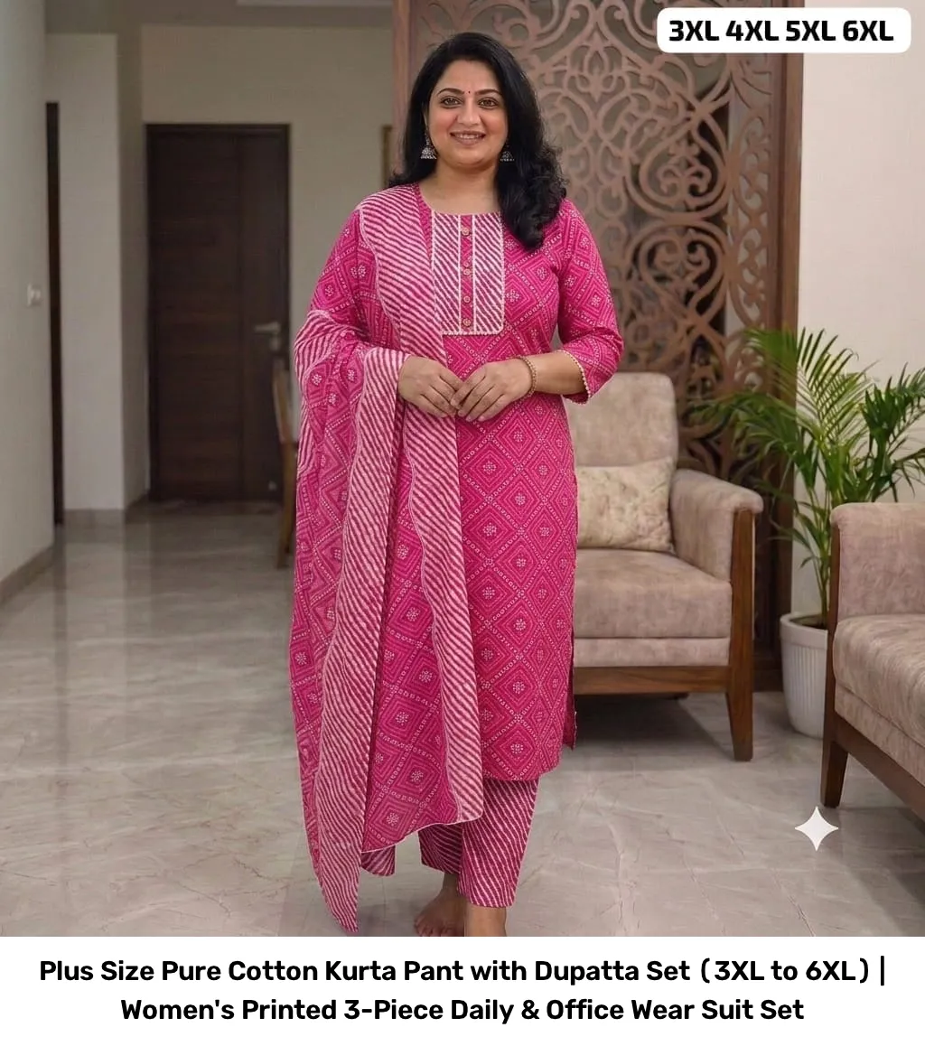 Plus Size Pure Cotton Kurta Pant with Dupatta Set (3XL to 6XL) | Women's Printed 3-Piece Daily & Office Wear Suit Set 13